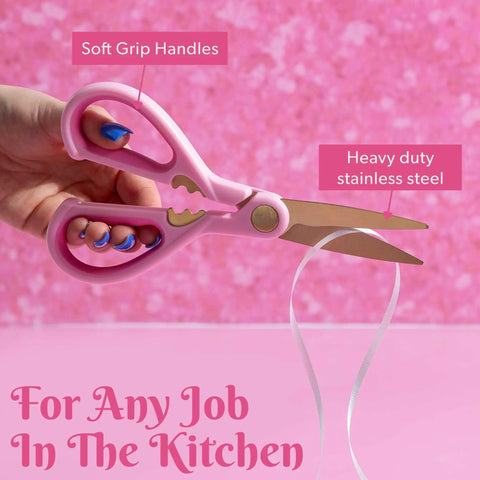 All Purpose Kitchen Shears 2 Piece Set With Premium Stainless Steel Blades And Soft Grip Handles In Pink For Cutting Meat Poultry Fish Pizza Cardboard String And Kitchen Packaging, held open