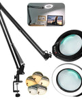 Real Glass 5 Inch Magnifying Glass With LED Light And Stand, 5 Color Modes Stepless Dimmable, Dual 16 Inch Swivel Arm LED Clamp Desk Lamp, Hands Free 10X Magnifier For Close Work And Craft Projects, images showing lamp features and lens.