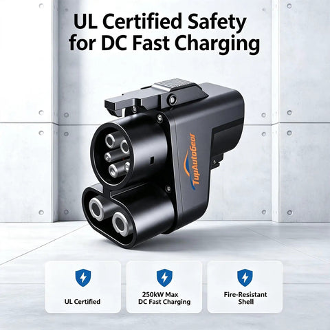 Blazing Fast Nacs To Ccs1 Ev Charging Adapter showcasing UL certified fast charging, black plastic design with dual connectors.