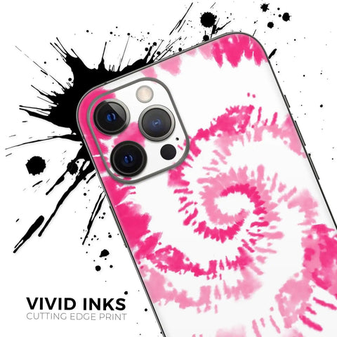 Spiral Tie Dye iPhone 17 Full Body Skin Wrap Kit With Bubble Free Air Release Adhesive Snug Soft Touch Fit No Bulk Protection Easy Install Durable Vinyl Decal For A Sleek Head Turning Look V6 showing vibrant pink pattern on device back