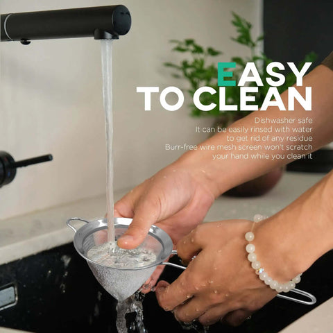 3.3 Inch Fine Mesh Strainer 304 Stainless Steel Cocktail Sieve being washed under a tap, showing ease of cleaning in kitchen environment.