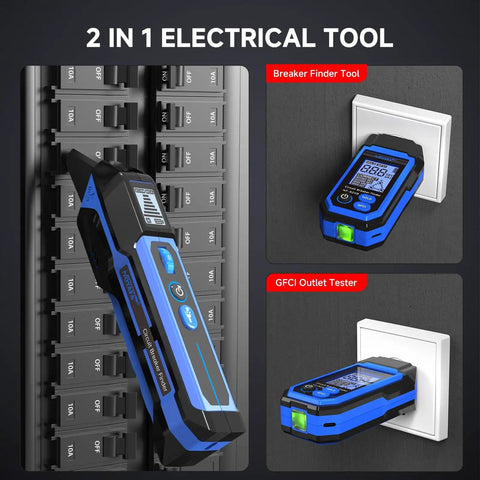 Dead Nuts Accurate Circuit Breaker Finder With Bright Lcd Display and Pro Grade Gfci Outlet Tester in electrical panel and outlet.