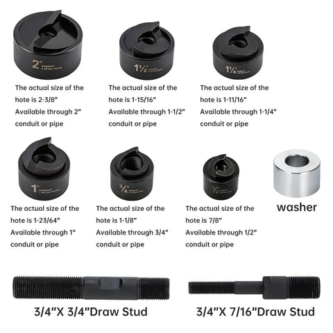 Aluminum Alloy Hydraulic Knockout Hole Punch Driver Kit with punches, washers, and draw studs for conduit cutting.