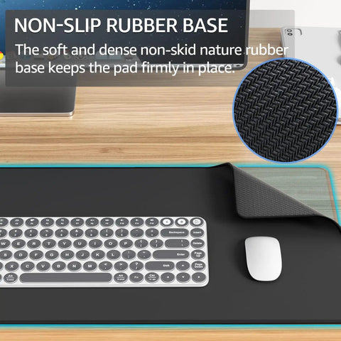 Gigantic Gaming Mouse Pad Desk Mat 31.5 Inch By 11.8 Inch shown with non-slip rubber base, keyboard, and mouse in home setup.