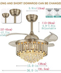 Dope 36 Inch Dimmable Crystal Ceiling Fan With Retractable Blades Modern Fandelier Light Fixture showing dimensions and polished nickel finish