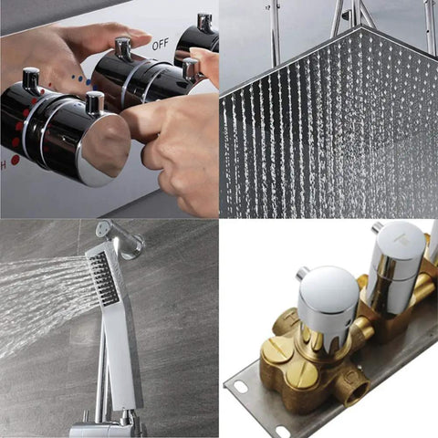 Heavy Duty Square Canopy Shower System With Concealed Valve Rock Solid Copper Body Lead Free Four Function Rain Setup Slick Silver Trim