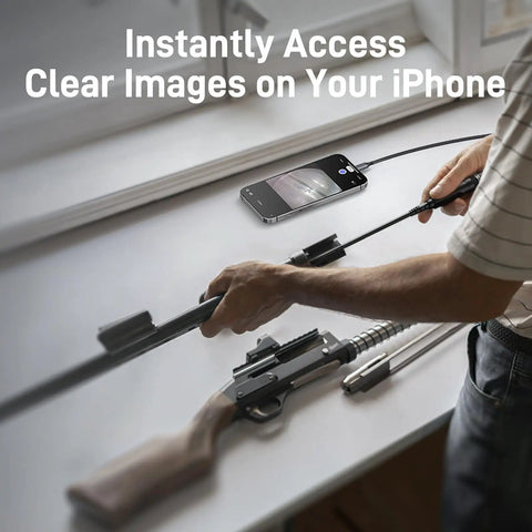 Rifle Borescope USB-C For iPhone 15/16 And Android in use, connected to iPhone for real-time bore inspection on workbench