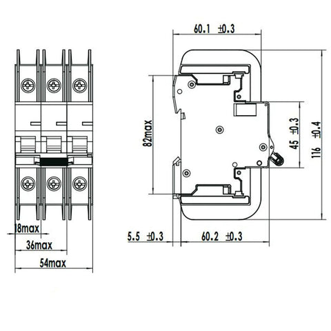 Technical drawing of a 4A 120V AC DIN Rail Mount Single Pole Circuit Breaker with C Curve Trip UL489 Listed, dimensions indicated.