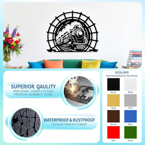 Old School Vintage Steam Train Metal Sign, Circular Iron Wall Art With Locomotive Silhouette, Premium Railroad Themed Decor