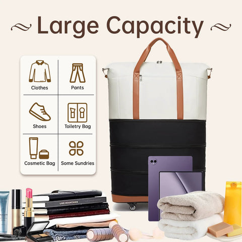 Travel duffle bag with wheels, expandable, front view; white top with tan handles and black base