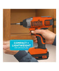 20V Max Cordless Impact Driver Kit With One Quarter Inch Quick Release Chuck Delivers Up To One Thousand Three Hundred Seventy Five Inch Pounds Torque, Three Thousand RPM, And Three Thousand Nine Hundred IPM, Plus A Soft Touch Grip For Beast Mode in use on wood cabinet