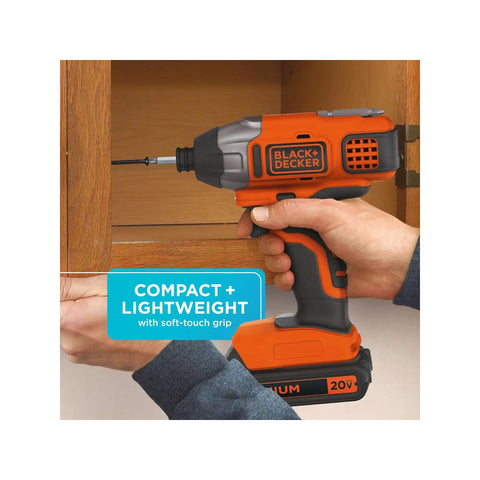 20V Max Cordless Impact Driver Kit With One Quarter Inch Quick Release Chuck Delivers Up To One Thousand Three Hundred Seventy Five Inch Pounds Torque, Three Thousand RPM, And Three Thousand Nine Hundred IPM, Plus A Soft Touch Grip For Beast Mode in use on wood cabinet