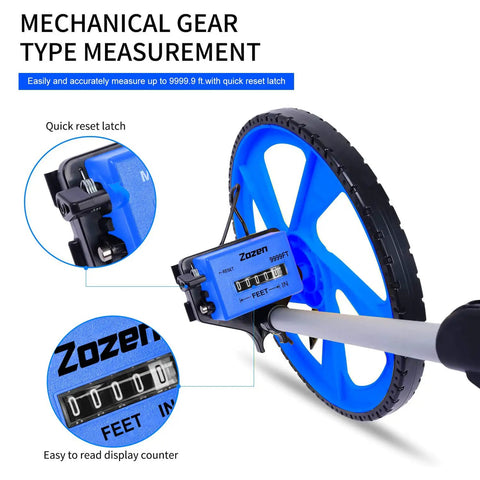 Close-up of Rolling Tape Measure Wheel With 3 Section Collapsible Design One Key Reset Starting Point Arrow TPR Tires.