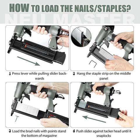 Instructions on loading the 2 In 1 Pneumatic Brad Nail Gun And Staple Gun For DIY Woodworking with 18 Gauge 2 Inch Nails and Staples.