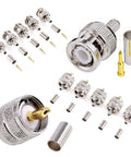 Components of Pro Grade Coaxial Cable Tool Kit 14 Piece With Ratcheting Crimp Pliers, includes connectors for RG coax cables.