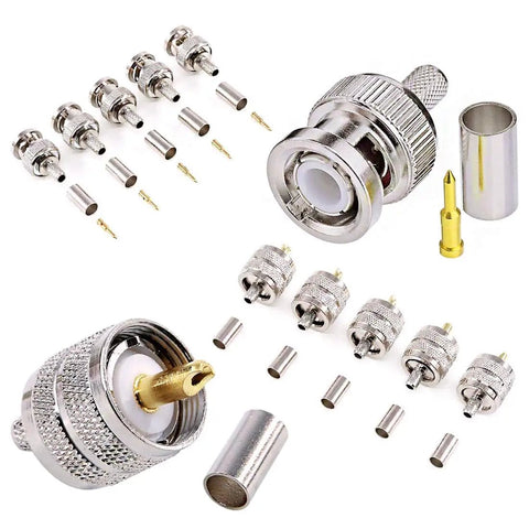 Components of Pro Grade Coaxial Cable Tool Kit 14 Piece With Ratcheting Crimp Pliers, includes connectors for RG coax cables.