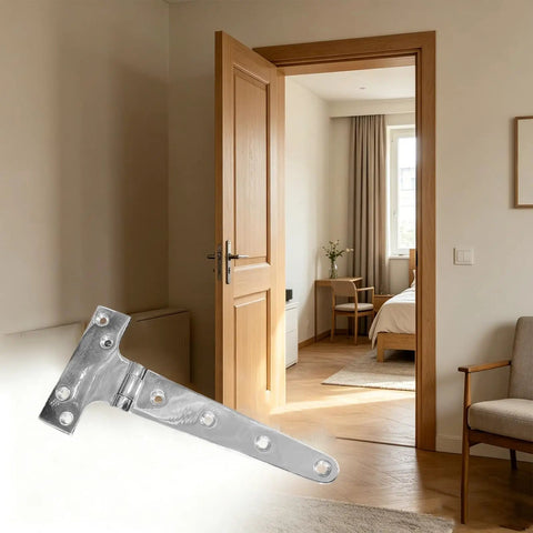 316 Stainless Steel T Style Door Hinge With Screws For Smooth Quiet Operation, shown inside a modern interior setting
