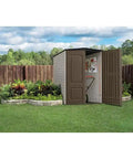 Large Vertical Resin Outdoor Storage Shed With Floor 5 By 6 Ft Weather Resistant Brown in garden with open doors
