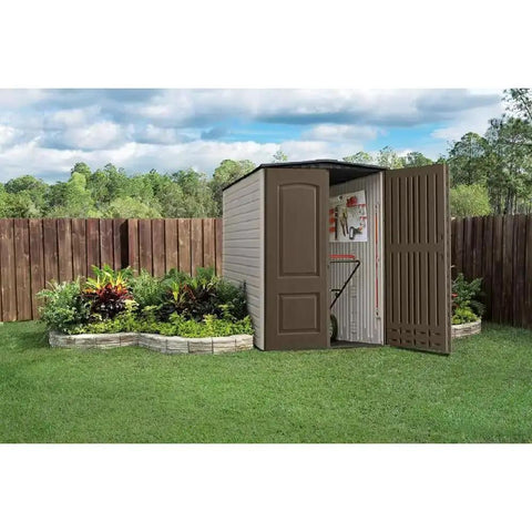 Large Vertical Resin Outdoor Storage Shed With Floor 5 By 6 Ft Weather Resistant Brown in garden with open doors