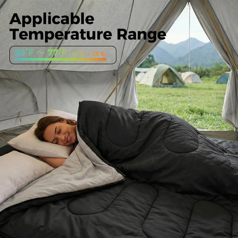 A woman sleeping in a Two Person Sleeping Bag Set With Pillow For Camping And Travel, Lightweight Queen Size, in a tent