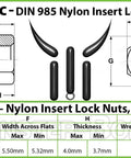 Metric DIN 985 Nylon Insert Lock Nuts M3 specifications including width across flats and thickness details.