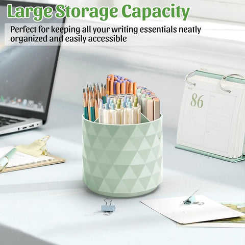 Sparkling Diamond Desk Organizer With 360 Rotating Pen Holder Dope Five Compartment Pencil Cup Storage Box Caddy For Office School Home And Art Supplies In Green on a desk.