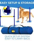 Dog Agility Set With Hoop Jump Weave Poles And Pause Box, blue carrying bag and setup with dog and poles