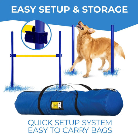 Dog Agility Set With Hoop Jump Weave Poles And Pause Box, blue carrying bag and setup with dog and poles