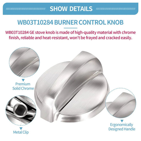 5 Pack Oven Knobs Replacements For GE Range And Stove WB03T10284 Compatible, chrome finish knob with metal clip and handle details.