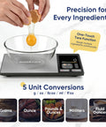Digital Kitchen Scale With Nutrient Calculator And Bluetooth App Tracking 24 Nutrients For Meal Prep And Weight Loss Premium Stainless Steel Food Scale Supports Calorie And Macro Tracking In Grams And Ounces 11lb Capacity, showing egg being cracked into bowl, scale display and unit conversion options.