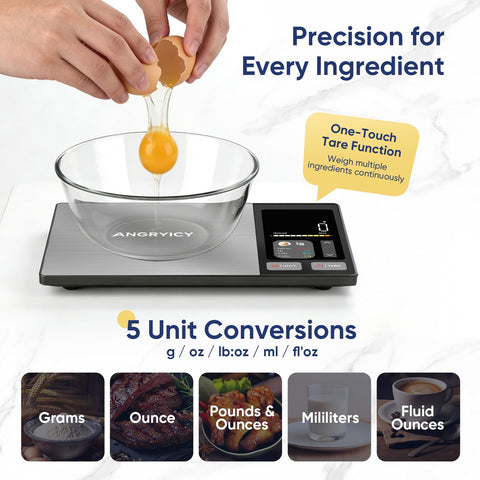 Digital Kitchen Scale With Nutrient Calculator And Bluetooth App Tracking 24 Nutrients For Meal Prep And Weight Loss Premium Stainless Steel Food Scale Supports Calorie And Macro Tracking In Grams And Ounces 11lb Capacity, showing egg being cracked into bowl, scale display and unit conversion options.