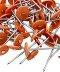 500 Pack 1-1/4 Inch Orange Plastic Cap Roofing Nails Heavy Duty Galvanized Tar Paper Fasteners For House Wrap Foam Board Insulation, close-up view.
