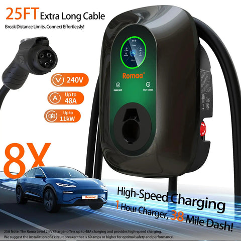 Level 2 EV Charger Hardwired 48 Amp J1772 Charger 240V Home Charging Station With App WiFi Smart Display and 25 Ft Cable