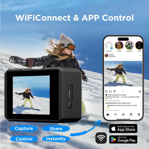 Dope 4K Action Camera With Dual Screen And Stabilization Two 12MP Photos 30m Waterproof Underwater 170 Degree Ultra Wide WiFi Includes Accessory Kit For Outdoor Sports showing skier on screen