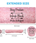 Pink 4 In 1 XXL Desk Pad Set With Keyboard Wrist Rest Mouse Wrist Rest And Coaster Extended Desk Cover Mat For Home Office Or Gaming Setup 35.4 By 15.7 Inches Large Ergonomic Desk Mat Stay Positive with dimensions and motivational text.