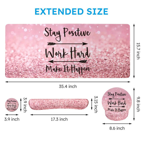 Pink 4 In 1 XXL Desk Pad Set With Keyboard Wrist Rest Mouse Wrist Rest And Coaster Extended Desk Cover Mat For Home Office Or Gaming Setup 35.4 By 15.7 Inches Large Ergonomic Desk Mat Stay Positive with dimensions and motivational text.