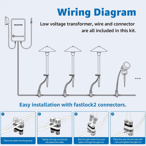 Wiring diagram for All-In-One LED Low Voltage Landscape Lighting Kit With 6 Path Lights And 2 Spotlights, easy install instructions