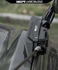 NEPT Wasteland Limb Riser Kit With Cable Linkage System For Ford Bronco 2021 Plus Models, view of aluminum kit on vehicle mirror.