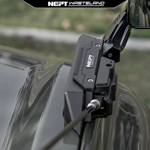 NEPT Wasteland Limb Riser Kit With Cable Linkage System For Ford Bronco 2021 Plus Models, view of aluminum kit on vehicle mirror.