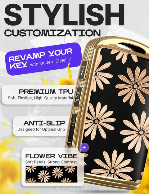 Mazda Key Fob Cover And Leather Keychain TPU Keyfob Case For 3 Button And 6 Button Fobs Fits CX5 CX9 CX30 CX50 CX70 2019 To 2025 Flower Vibe Style