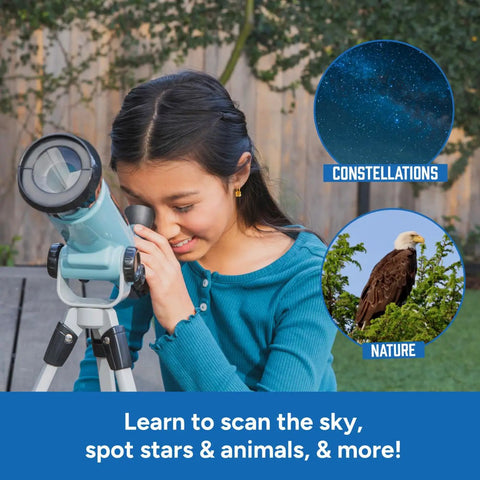 Beginner Kids Telescope For Astronomy With 10x To 50x Adjustable Magnification, Easy Setup For Stargazing And Planet Viewing, Kid Friendly Home Or Classroom STEM Gift For Ages 7 Plus child using blue telescope on tripod outdoors
