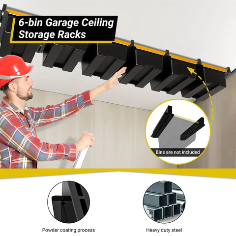 Overhead Garage Ceiling Storage Rack System For 6 Bins Heavy Duty Powder Coated Tote Shelving Set For Garages Sheds Storerooms 7 Pieces Bins Not Included installed in a garage
