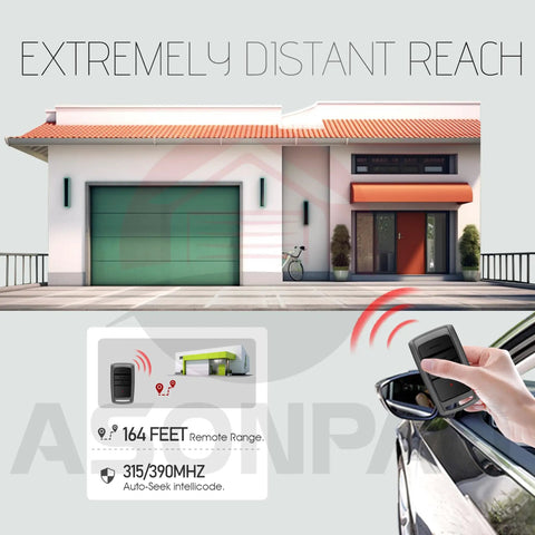 Two Pack Replacement Remote For Overhead Door Garage Door Opener O3T BX O3T A Works With Legacy Python Odyssey Destiny Phantom Openers Since 1997 Not For Dip Switch Openers Easy Install Ready To Use displayed in use, showing remote controlling a garage from a distance.