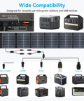 200W Portable Solar Panel For Off Grid Power with MC4 Multi Output connected to various power stations and USB devices.