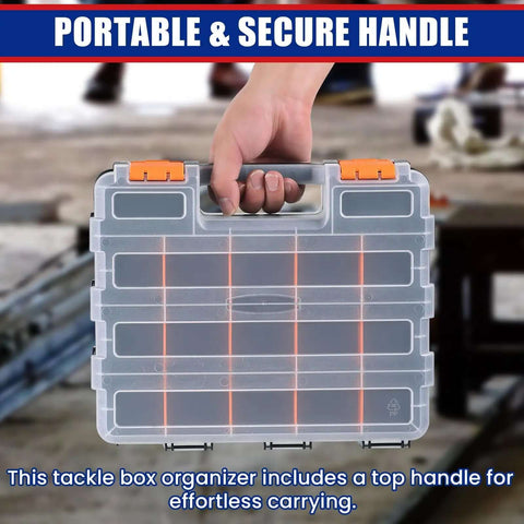 Person holding a double sided small parts organizer box with 34 compartments and removable dividers for screws and tools.