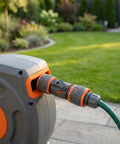 Totally Awesome Toddmomy Garden Hose Quick Connectors For 3/4 Inch Pipe, Effortless Male And Female Fitting No More Threading Hassle While Washing The Car Or Watering Plants In Style Today, gray and orange hose connector on reel