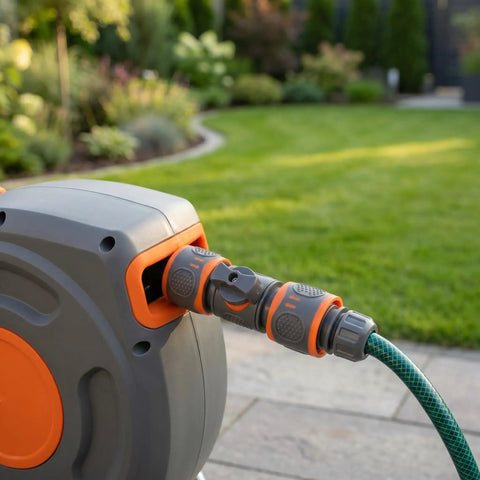 Totally Awesome Toddmomy Garden Hose Quick Connectors For 3/4 Inch Pipe, Effortless Male And Female Fitting No More Threading Hassle While Washing The Car Or Watering Plants In Style Today, gray and orange hose connector on reel