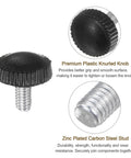 M4 x 6mm Knurled Thumb Screw Clamping Knobs With Plastic Hand Grip Black, zinc plated studs for DIY machines, close-up view.
