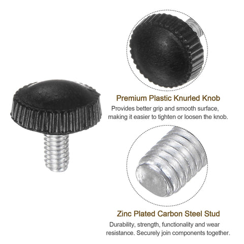 M4 x 6mm Knurled Thumb Screw Clamping Knobs With Plastic Hand Grip Black, zinc plated studs for DIY machines, close-up view.