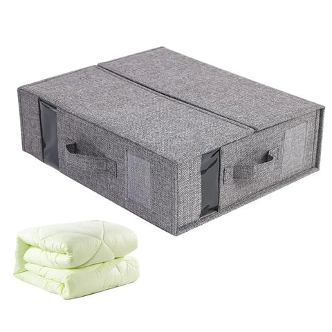 Heavy Duty Linen Bed Sheet Storage Organizer For Closet With Folded Blanket Pockets And Oversized Comforter Rack on gray fabric box with green blanket